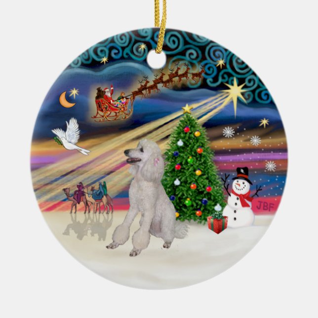 Ornement Rond En Céramique Magie de Noël - Poodle (Blanc standard, rubans) (Devant)
