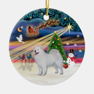 Ornement Rond En Céramique Magie de Noël - Samoyed (stand)