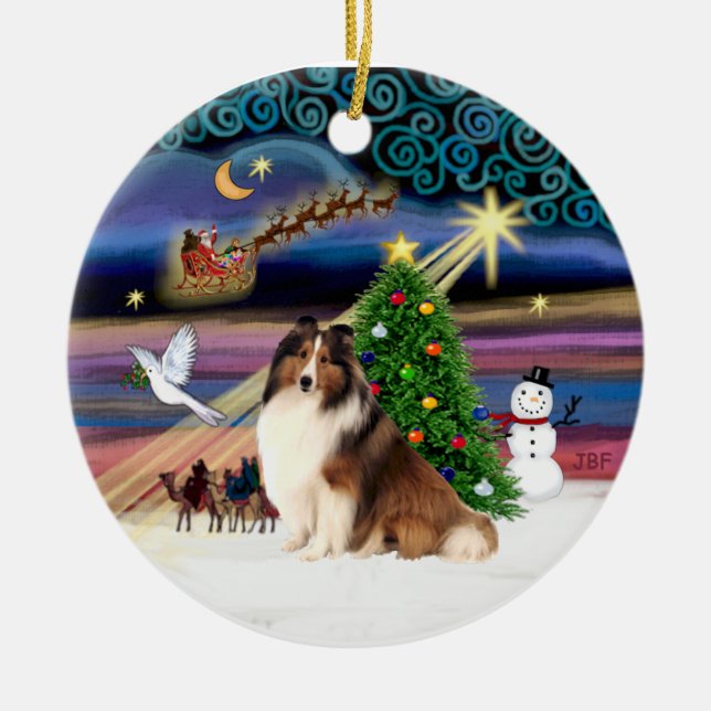 Ornement Rond En Céramique Magie de Noël - Sheltie #7 (Devant)