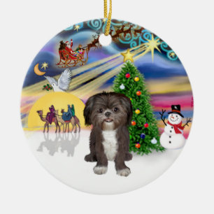 Ornement Rond En Céramique Magie de Noël - Shih Tzu (marron/blanc)