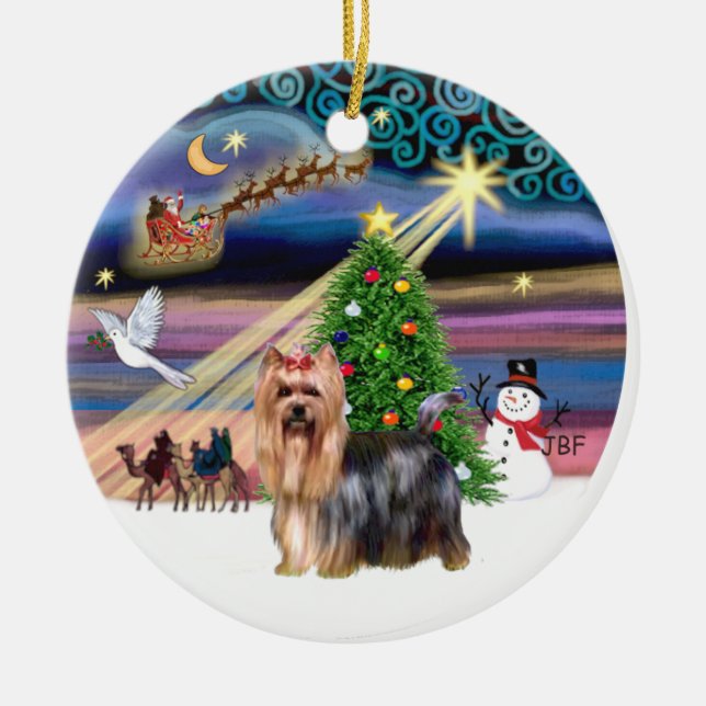 Ornement Rond En Céramique Magie de Noël - Yorkie 9 (Devant)