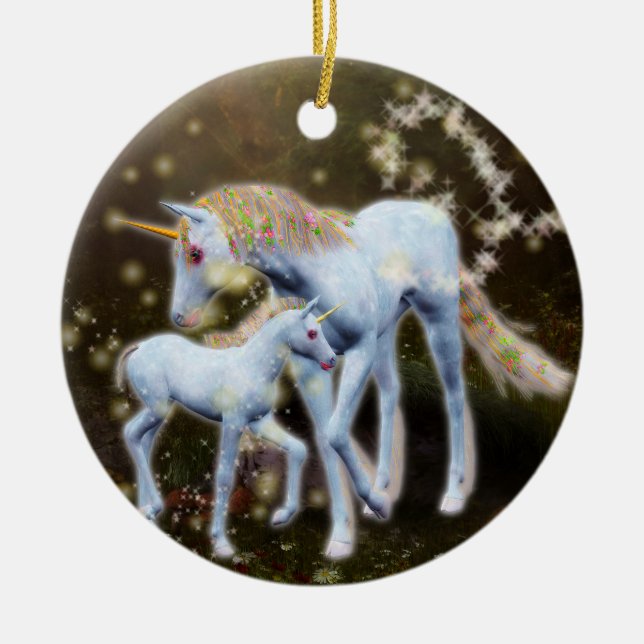 Ornement Rond En Céramique Mère et bébé licorne (Devant)