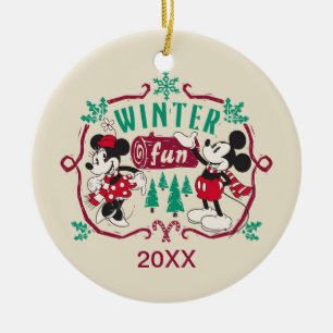Ornement Rond En Céramique Mickey et Minnie vintage Amusement hivernal