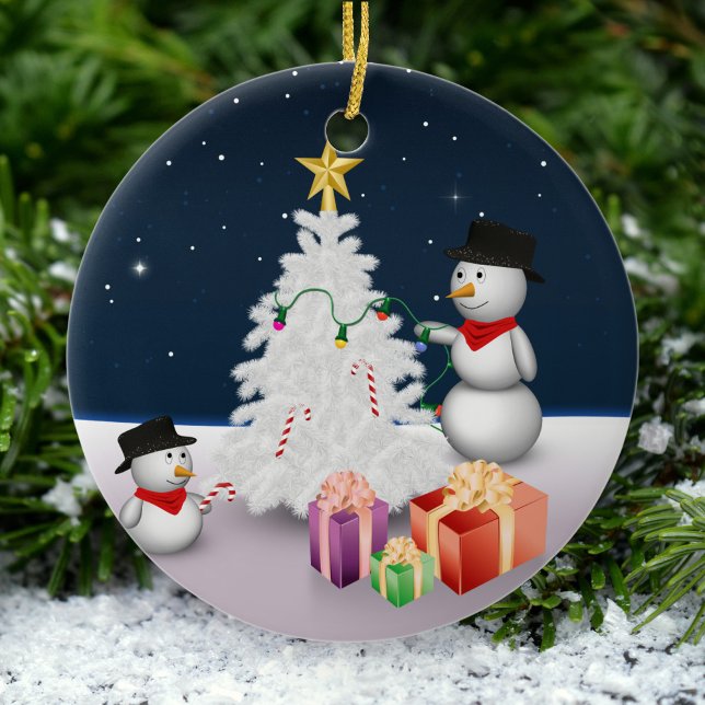 Ornement Rond En Céramique Mignons neigeurs avec sapin de Noël (Créateur téléchargé)