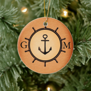Ornement Rond En Céramique Monogramme Cuir personnalisé Roue et Ancre nautiqu