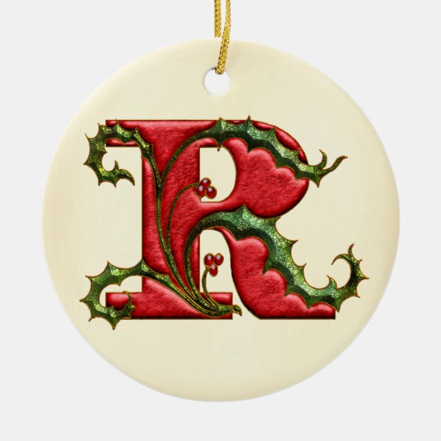 Ornement Rond En Céramique Monogramme R de houx de Noël (Devant)