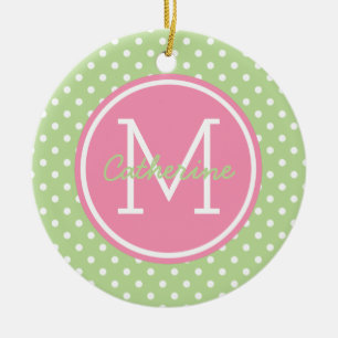 Ornement Rond En Céramique Monogramme rose et blanc vert en bon état de point