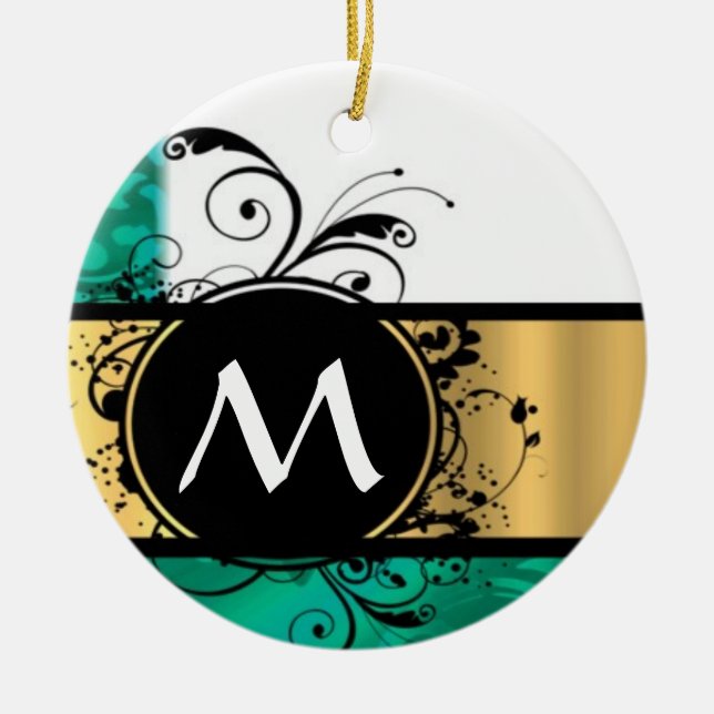 Ornement Rond En Céramique monogramme turquoise vert et or (Devant)