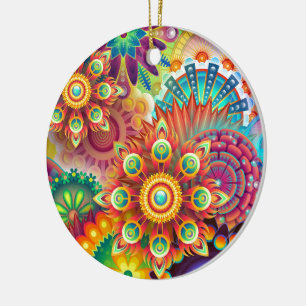 Ornement Rond En Céramique Motif de fleurs Abstraites aux couleurs vives