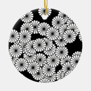 Ornement Rond En Céramique Motif de fleurs Art Déco - blanc sur noir