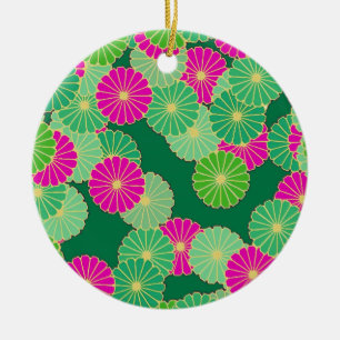 Ornement Rond En Céramique Motif de fleurs Art Déco - tons verts, fuchsia