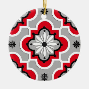 Ornement Rond En Céramique Motif marocain en tuiles - Gris et Rouge