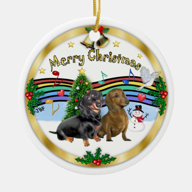 Ornement Rond En Céramique Musique de Noël 1 - Deux Dachshunds (Devant)