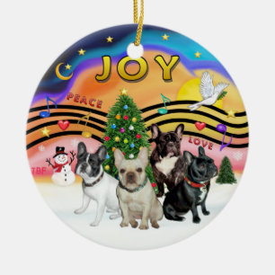 Ornement Rond En Céramique Musique de Noël 2 - Bulldogs français (quatre)