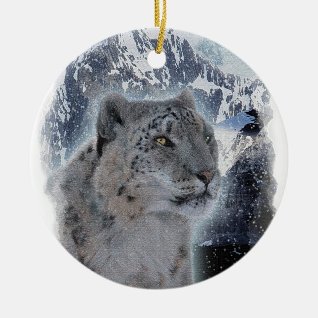 Ornement Rond En Céramique NEIGE LEOPARD Espèces menacées de Gros Chat (Devant)