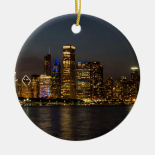 Ornement Rond En Céramique Night Skyline Chicago Pano