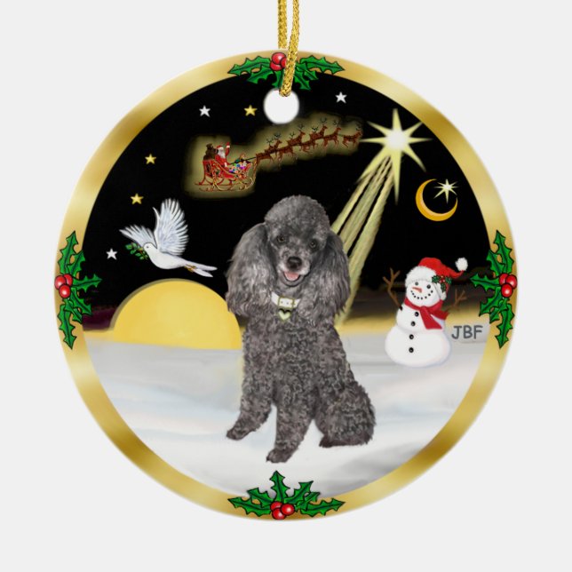 Ornement Rond En Céramique NightFlight - Miniature d'argent ou Poodle de joue (Devant)