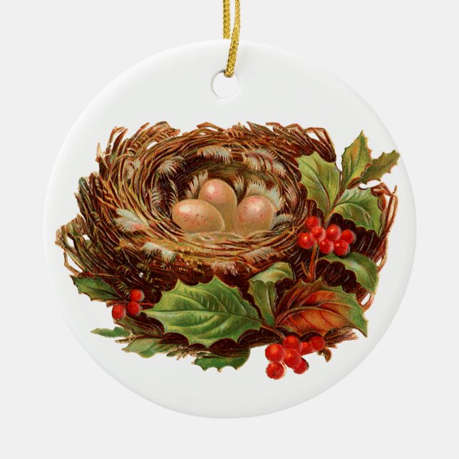 Ornement Rond En Céramique Noël à l'ancienne, Nid (Devant)