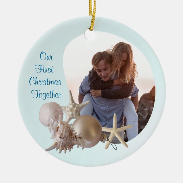 Ornement Rond En Céramique Noël de mariage sur la plage (Devant)