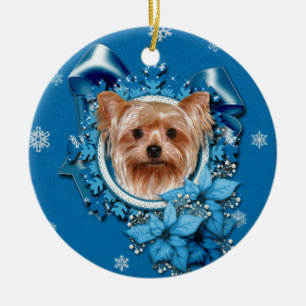 Ornement Rond En Céramique Noël - flocons de neige bleus - Yorkshire Terrier