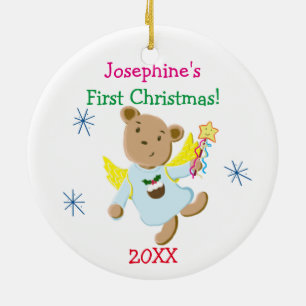 Ornement Rond En Céramique Noël personnalisé d'ange d'ours de nounours