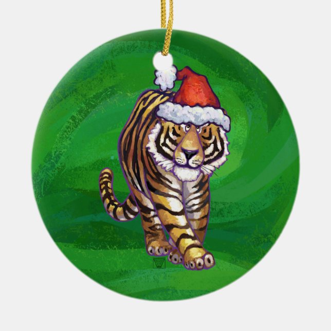 Ornement Rond En Céramique Noël Tigre Sur Vert (Devant)