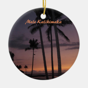 Ornement Rond En Céramique Noël tropical de coucher du soleil