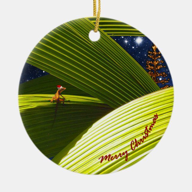 Ornement Rond En Céramique Noël tropical d'un lézard de Gecko (Devant)