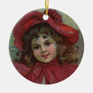 Ornement Rond En Céramique Noël Victorien Enfant Rouge Casquette Portrait Fil