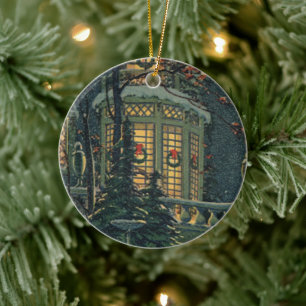 Ornement Rond En Céramique Noël vintage, maison aux couronnes dans les fenêtr