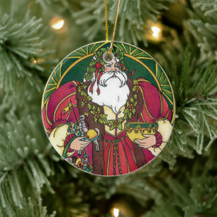 Ornement Rond En Céramique Noël vintage, Père Noël avec feuilles de houx