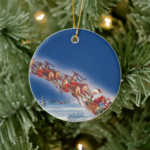 Ornement Rond En Céramique Noël Vintage, Père Noël Flying Sleigh w Reindeer