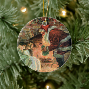 Ornement Rond En Céramique Noël Vintage, Père Noël Victorien Enfants