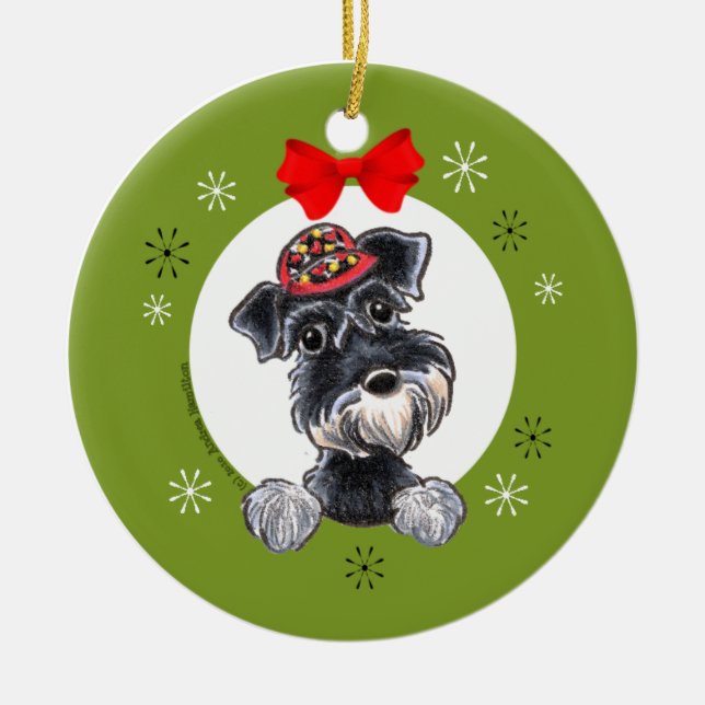 Ornement Rond En Céramique Noir Silver Schnauzer Classique de Noël (Devant)