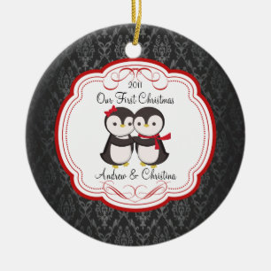 Ornement Rond En Céramique Nos premiers couples de pingouin d'ornement de
