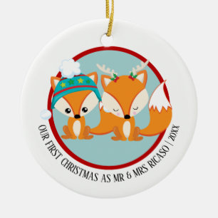 Ornement Rond En Céramique Nos premiers Renards Rouges de Noël Personnalisés