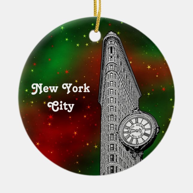 Ornement Rond En Céramique NYC Flatiron Building Red Grn Starry Xmas (Devant)