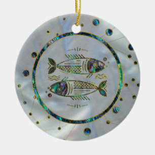 Ornement Rond En Céramique Ormeau d'or de zodiaque de Poissons sur la