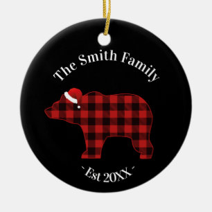 Ornement Rond En Céramique Ours Silhouette Buffalo Plaid Famille Vacances