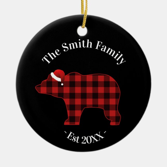 Ornement Rond En Céramique Ours Silhouette Buffalo Plaid Famille Vacances (Devant)