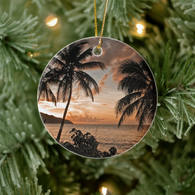 Ornement Rond En Céramique Palmiers Tropical Sunset Beach (Arbre)