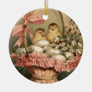 Ornement Rond En Céramique Panier de Pâques Œuf Poussin Ruban Rose