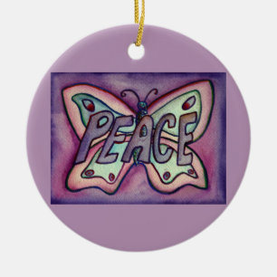 Ornement Rond En Céramique Papillon de la paix Word Art Cadeau de vacances