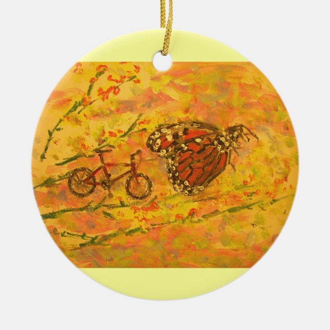 Ornement Rond En Céramique papillon monarque et vélo (Devant)