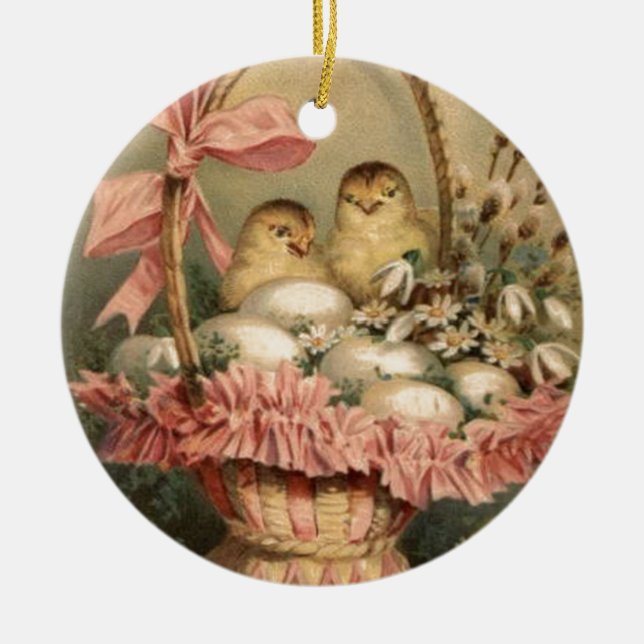 Ornement Rond En Céramique Pâques Panier Oeuf Chick Pink Bow (Devant)