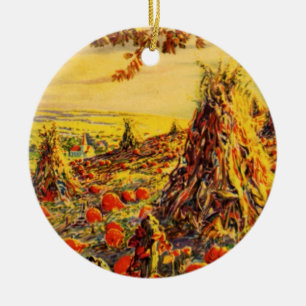 Ornement Rond En Céramique Patch de Citrouille Halloween vintage avec Haystac