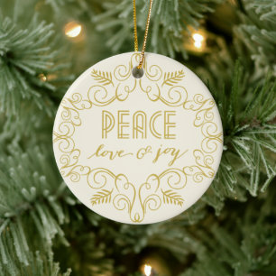 Ornement Rond En Céramique Peace Love & Joy Foliage Deco Cadre Photo Holiday