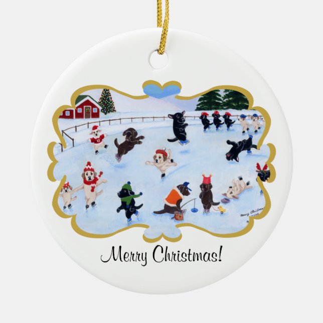 Ornement Rond En Céramique Peinture d'amusement de Labrador de Noël (Devant)