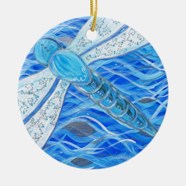 Ornement Rond En Céramique Peinture de libellules bleues et argentées (Devant)