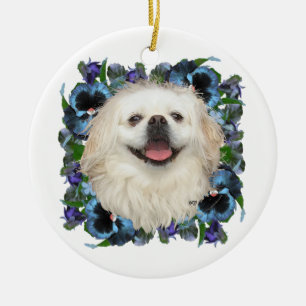 Ornement Rond En Céramique Pekingese blanc avec lunettes